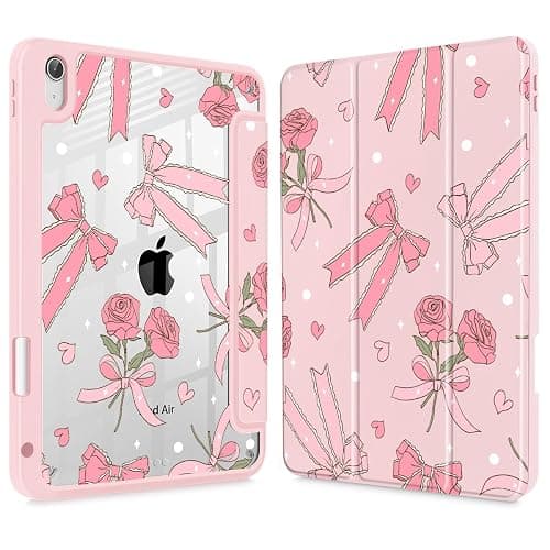 Tuiklol Case for iPad Air 11'' (M3 2025/M2 2024) 6th Gen/iPad Air 10.9'' 2022 2020 5th /4th Gen, Buit in Pencil Holder with Shockproof Cover Clear Back Auto Wake/Sleep, Bow & Rose - Image 1
