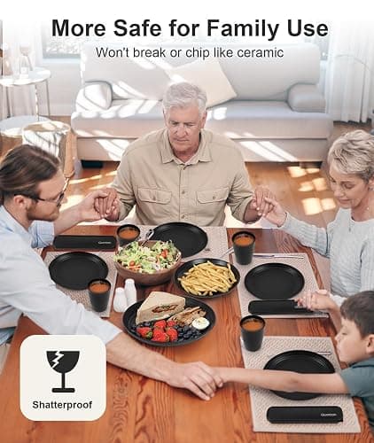 Quatish 24 Piece Plastic Plates and Bowls Sets for 6, Unbreakable Plastic Dinnerware Sets, Dish Set for Camping, Dishwasher Microwave Safe, Outdoor Kitchen and Apartment Dinning Essentials, Black thumbnail 7