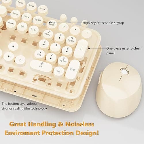 Kootop Wireless Keyboard and Mouse Combo, Cute Colorful 104 Keys Typewriter Retro Round Keycaps Keyboard for PC Laptop,Desktop,Windows, Home and Office Keyboards Coffee - S500 Coffee thumbnail 7
