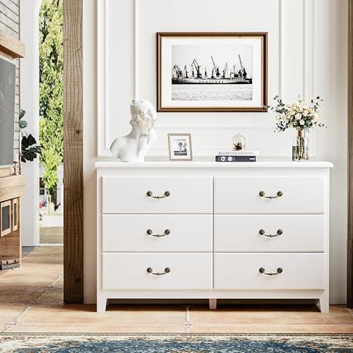 White Dresser, Modern 6 Drawer Double Dresser for Bedroom Adults & Kids with Vintage Gold Handles, Wide Dressers & Chests of Drawers, 6 Drawer Dressers for Hallway, Antique White thumbnail 5