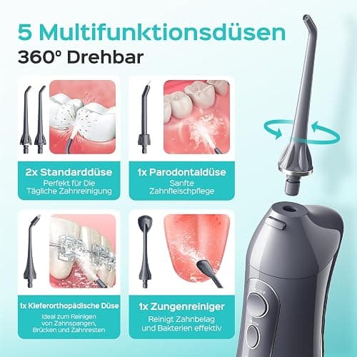 COSLUS Munddusche Kabellos Trragba Elektrische: 300ML WassertankTestsieger 2025 IPX7 Wasserdicht für Oral Health Enthusiasten Tägliche Tiefenreinigung Reinigung auf Reisen 5 Multifunktionale Jet-Tipps thumbnail 6