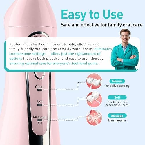 COSLUS ADA Accepted C20 Water Dental Flosser Teeth Pick, 300ML Larger Tank | Portable Rechargeable Oral Irrigator for Orthodontic & Sensitive Gums, Cordless for Travel, Family, Professional Set, Pink thumbnail 5