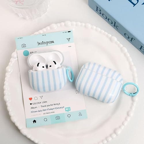 Fycyko Compatible for AirPods Pro 2/1 Case Soft TPU with Cleaner Kit Cute Striped Aesthetic Design Shockproof Keychain Cover for Girls Woman-Blue thumbnail 7
