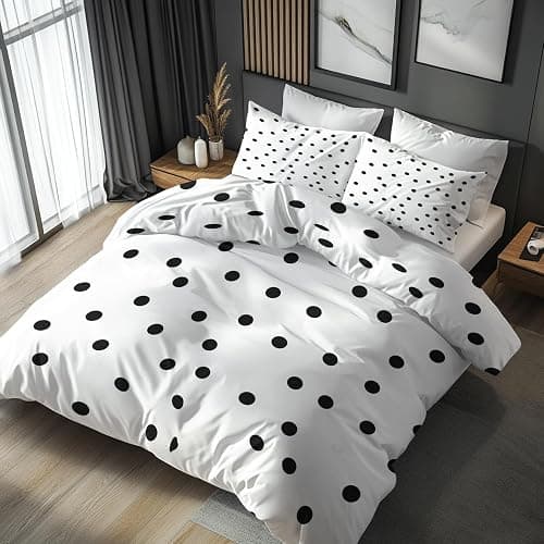 Polka Dot Duvet Cover Queen Size, Modern Black and White Reversible Design Bedding Set 3 Piece, Polka Dot Bedroom Decor & Gift, Soft Microfiber, 2 Pillow Shams, Zipper Ties(BU37) - Image 1