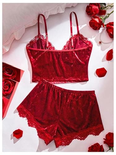SOLY HUX Women's Lace Velvet Pajama Set Camisole Crop Tops and Shorts Lingerie Sleepwear Loungewear thumbnail 2