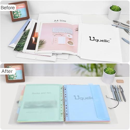 Uquelic A4 Binder, Folio Document Organizer, 3 Ring Folder Letter Size | Cute 12-Pocket Life Binder for Paper, Files, Photos, Letters, Cards (Clear-Macaron) thumbnail 5