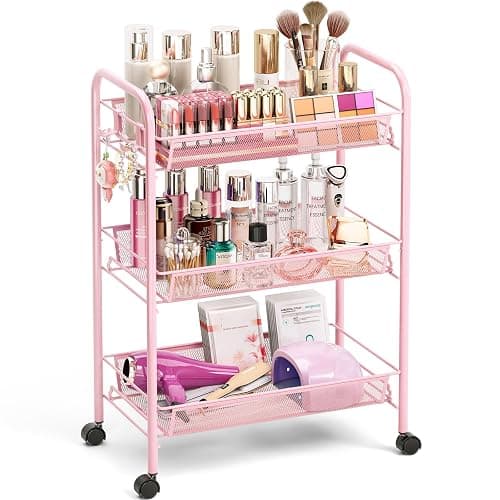 TOOLF 3 Tier Rolling Cart, Metal Utility Storage Cart with Wheels, Pink | 3 Hooks, Screwless Assembly, Trolley Organizer for Bathroom, Kitchen, Office, Nursery, Dorm, Laundry Room - Image 1