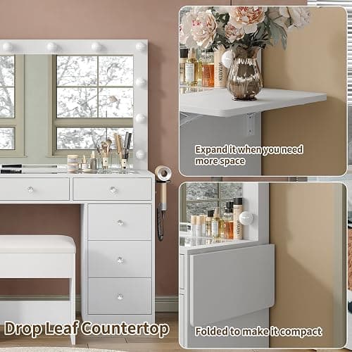 Yanosaku Vanity Desk & Power Outle, Makeup Vanity with Mirror and 12 LED Lights, 9 Drawers Makeup Table with Fold-up Panel, Vanity Set 3 Lighting Modes Brightness Adjustable (White) thumbnail 6