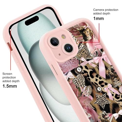Tivkofk Leopard Floral Print Phone Case for iPhone 15 6.1'', Cute Pink Bow Cheetah Orchid Collage Aesthetic Case, Soft TPU Shockproof Phone Cover with Camera Protection for Women Girls thumbnail 3