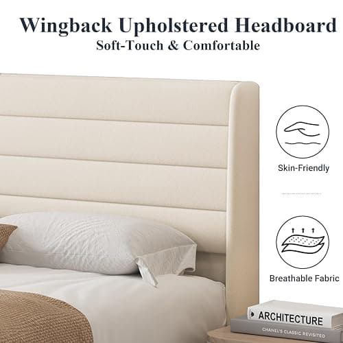 Queen Bed Frame with Upholstered Headboard, Velvet Platform Bedframe Mattress Foundation, Strong Wood Slat Support, No Box Spring Needed, Easy Assembly, Pale Beige thumbnail 4