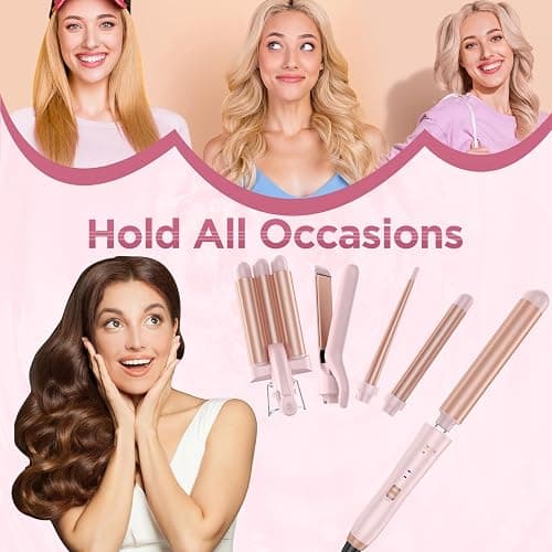 5 in 1 Wand Curling Iron-Curling Wand Set with Hair Straightener, 3 Barrels Hair Crimper Iron, 3 Ceramic Curling Irons (0.35 "-1.25"), 2 Temps Fast Heat Hair Curler Waver with Glove & Clip-Light Pink thumbnail 7