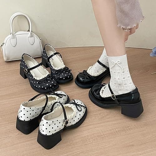 Scarpe Mary Jane da donna con punta rotonda a pois e fiocco | Delicato pizzo regolabile T-bar fibbia piattaforma tacchi dolce stile Lolita calzature per vacanze universitarie e feste thumbnail 9