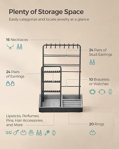 SONGMICS Jewelry Holder, Jewelry Organizer, Jewelry Display Stand with Metal Frame and Velvet Tray, Necklace Earring Bracelet Holder, for Studs, Rings, Christmas Gift, Black UJJS021B01 thumbnail 5
