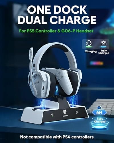 NUBWO G06 Pro Wireless Gaming Headset with Charging Station for Headset & PS5 Controller, 17ms Low Latency, 120H Battery Life, Dynamic 50mm Drivers-White (Only Compatible with PS5) thumbnail 2