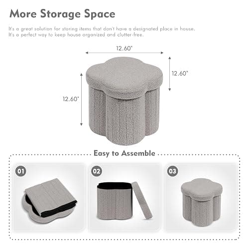 B FSOBEIIALEO Storage Ottoman Cube, Flowers Shaped Ottomans with Storage Foot Stool Footrest for Lving Room, Boucle Ottoman Seat for Dorm Room,Faux Teddy Fur, Grey 12.6"x12.6"x12.6" thumbnail 3
