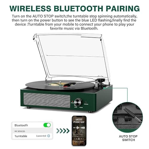 Record Player Bluetooth Turntable with Built-in Speakers & 3 Speed 3 Size Portable Retro Vinyl Record Player for Entertainment and Home Decoration Emerald Green thumbnail 3