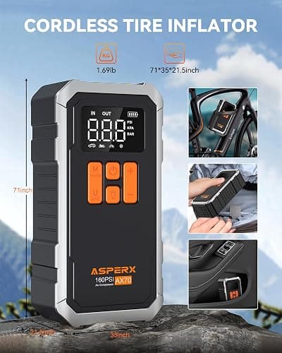 AsperX 160PSI Cordless Tire Inflator Air Compressor – Portable Rechargeable Air Pump with LCD Display, Auto Shut Off, LED Light & Carrying Case | Fast Inflation for Car Tires, Bike, Motorcycle, Balls thumbnail 7