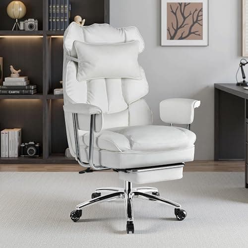 Sweetcrispy Executive Home Office Desk Chair - Ergonomic Big Tall High Back with Footrest & Lumbar Support, Reclining Height Adjustable, Comfy PU Leather Computer Gaming with Swivel Wheels, White thumbnail 2