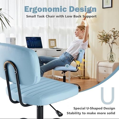 DUMOS Armless Home Office Executive Chair - Small Desk Chair with Low Back Lumbar Support, Height Adjustable PU Leather Computer Task Chair with 360° Swivel Wheels, for Adults, Blue thumbnail 4