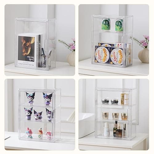 3 Tiers Clear Display Case, Plastic Storage Bins with 2 Adjustable Divider and Magnetic Door,Stackable Display Box for Figures Showcase (1pack) thumbnail 5