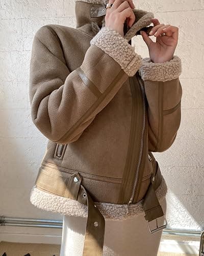 LY VAREY LIN Women's Faux Shearing Moto Jacket Thick Lined Parka Winter Shearling Coat Leather Jacket thumbnail 3
