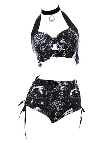 MEOWCOS Goth Bikini Swimsuit Witch Bathing Suit Dark Style Star Moon Gothic Swimsuit - Image 1