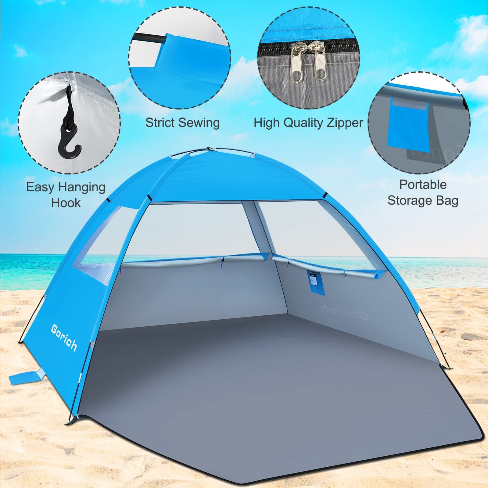 Gorich Beach Tent, Beach Shade Tent for 3/4-5/6-7/8-10 Person with UPF 50+ UV Protection, Portable Beach Tent Sun Shelter Canopy, Lightweight & Easy Setup Cabana Beach Tent - Blue - 4 person thumbnail 5
