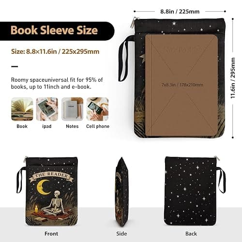 The Reader Tarot Card Book Sleeve for Book Lovers, Gothic Skeleton Books Covers Protector for Paperbacks with Handle Pocket for Reader Bookworm Bookish, Book Club Gifts for Chritsmas thumbnail 3
