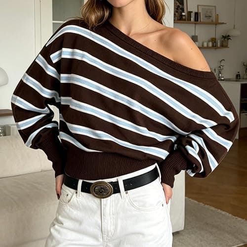 Women Striped Sweater Off Shoulder Long Sleeve Loose Pullover Knitwear | Contrasting Color, Cinched Waist Cozy Cropped Sweater, Relaxed Fit, Fall Winter Casual Pullover, Vintage Aesthetics Sweater thumbnail 3