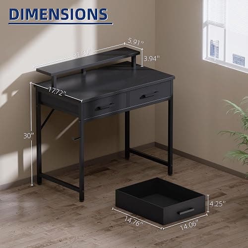 Pamray 32 Inch Small Computer Desk with Monitor Stand Home Office Desks with 2 Drawers for Bedroom Study Writing and Work Table for Small Spaces Black thumbnail 3
