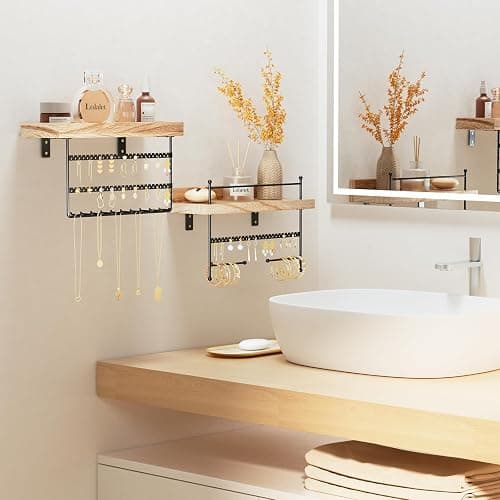 Lolalet Hanging Jewelry Organizer Wall Mount with Earrings, Bracelets, Necklaces Hooks - Easy Install Free Combination Jewelry Holder for Wall Bathroom - Set of 2, Black thumbnail 4