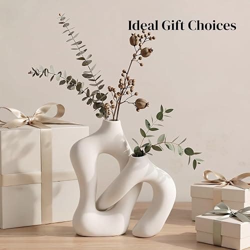 Dowan White Vases for Decor,Hollow Ceramic Vase Set of 2,8.3" Nordic Modern Boho ins Style Decorative Ceramic Aesthetic Flower Vase for Home Decor Modern Minimalist Table, Entryway Centerpieces thumbnail 8