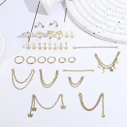ZELORES 20G Cartilage Earrings Set For Women Men Stainless Steel Small Huggie Hoop Earring Flatback Star Moon Butterfly CZ Cartilage Stud Earrings Chain Dangle Cartilage Helix Tragus Piercing Jewelry thumbnail 6