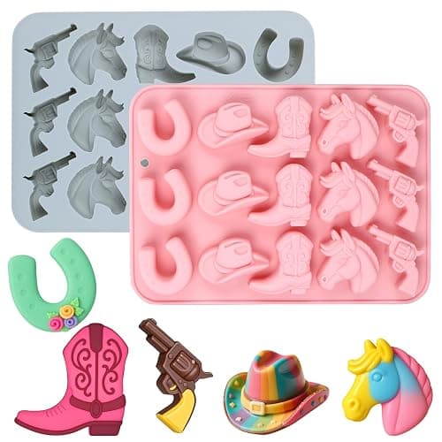 Palksky Cowboy Chocolate Molds, 2Pack Western Theme Silicone Mold Baking with Cowboy Horse Boots Hat Saddle Shapes, Candy Molds for Chocolate Gummy Cookies Fondant Candy Party Decor - Image 1