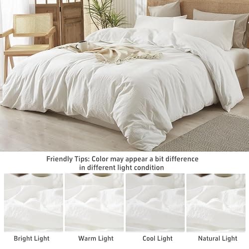 LIFETOWN 100% Washed Cotton Duvet Cover Set Linen Feel Natural Wrinkle Lightweight Comfy (Queen, White) thumbnail 2