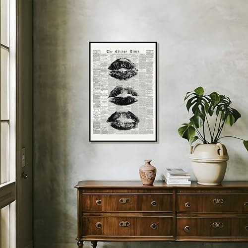 Trendy lips Wall Art Vintage Black And White Newspaper Kiss Posters Retro Canvas Prints Art Funky Girly preppy Apartment for y2k Room Decor Aesthetic 12x18inch black framed thumbnail 7