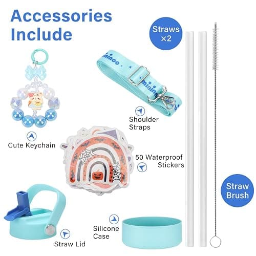 Mininoo Insulated Stainless Steel Kids Water Bottle for School with Straw Lid & Strap, 50 Stickers, 18 oz(Sky/Blue) thumbnail 7