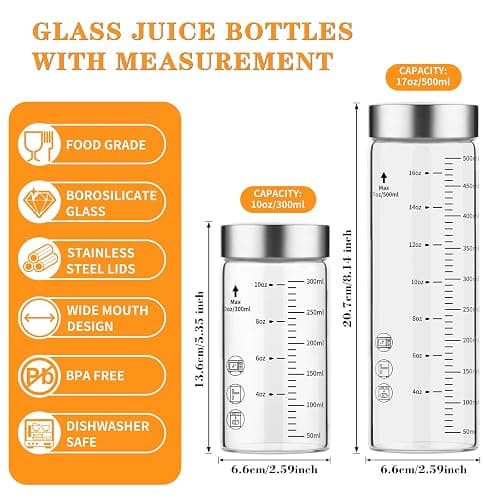 Glass Juice Bottles 10 Oz, Wide Mouth Reusable Clear Glass Water Bottles with Graduations 100% Leak Proof Stainless Steel Lids, BPA Free, Fits in Cup Holder Juice Containers Set of 6 thumbnail 3