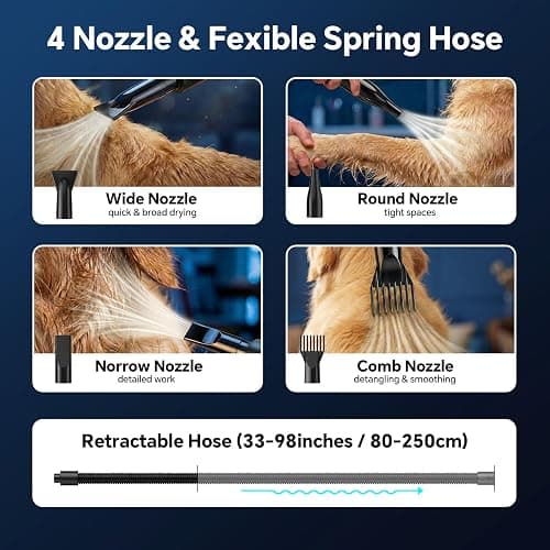 Dog Dryer High Velocity Dog Hair Dryer 5.2HP/2800W, Stepless Adjustable Speed Temperature Dogs Grooming Blaster Dryer, Pet Dryer with 4 Nozzles,Blow Dryer for Dogs(Black) thumbnail 8