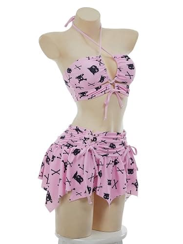 Meowcos Gothic-Bikini-Badeanzug, Gothic-Stil, rosa Totenkopf, Fledermausdruck, dunkler Stil, Gothic-Badeanzug thumbnail 3