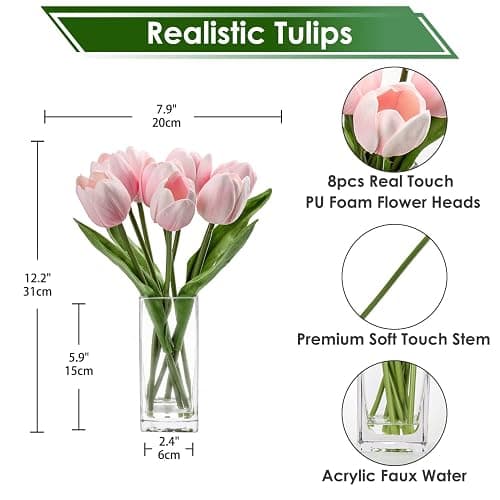 Briful Fake Flowers Artificial Tulip Flower Pink in Clear Vase, Real Touch Foam Tulip Arrangement Suitable for Home Office Decoration, Dining Table Centerpiece thumbnail 3
