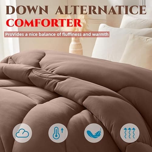 Yuncojin Down Alternative Comforter Queen Size,Soft Fluffy Duvet Insert for All Seasons,Lightweight Winter Bed Quilt,Skin Friendly,Brown,90"x90" thumbnail 4