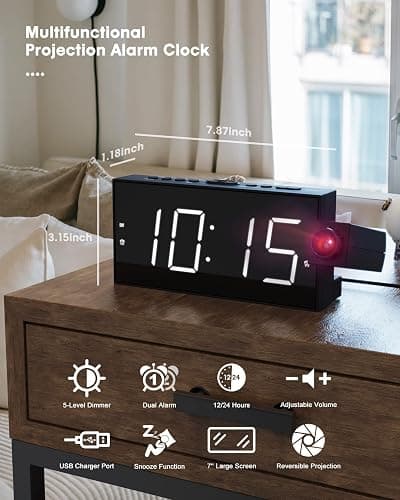 Projection Alarm Clock on Ceiling,Digital Clock for Bedroom with Battery Backup,7”Large Display,USB Charger,Dimmer,180° Rotatable Projector,12/24H,Snooze,DST,Loud Alarm Clock for Kids,Adults,Elders thumbnail 3