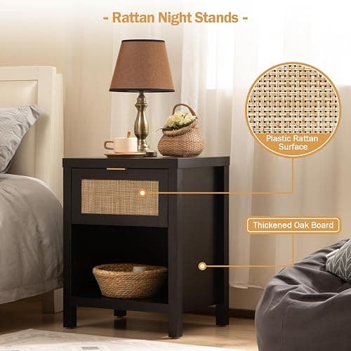 SICOTAS Rattan Night Stands Set of 2, Farmhouse Nightstand Bedside Table with Drawer and Storage Shelf, Boho End Side Table for Bedroom, Small Space, Black Oak thumbnail 6