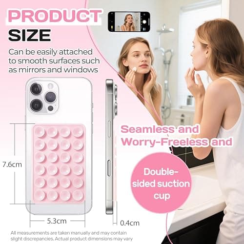 2PCS Silicone Double-Sided Suction Phone Case Mount,Strong Grip Holder Phone Accessories for Smartphones,Hands-Free Mirror Shower Phone Stand for Selfies (Transparent & Pink) thumbnail 2