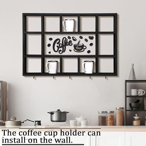 Cinnvoice Oversize Coffee Mug Display Shelf for Wall Wood Coffee Mug Rack Wall Mounted Shelf Cubes Cup Hooks Hanger with Bar Sign Decor for Kitchen Station Bar Accessories(Black) thumbnail 3