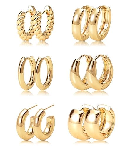 Gold Hoop Earrings Set 14k Real Gold Plated Huggie Earrings Hypoallergenic Chunky Twisted Thick Jewelry for Multiple Piercing Christmas Gift for Women
