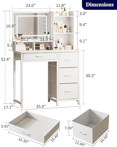 Kitsure Vanity Desk with Mirror and Lights - Large Capacity Makeup Vanity with 4 Fabric Storage Drawers & 3 Lighting Modes, Vanity Table Set with Sturdy Metal Frame for Bedroom, White, 35" x 17" x 52" thumbnail 2