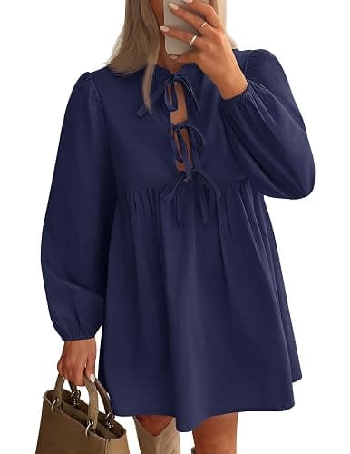 ZESICA Women's Dress Fall Long Puff Sleeve Self Tie Front Babydoll A Line Pleated Cute Mini Tunic Dresses 2024 - Image 1
