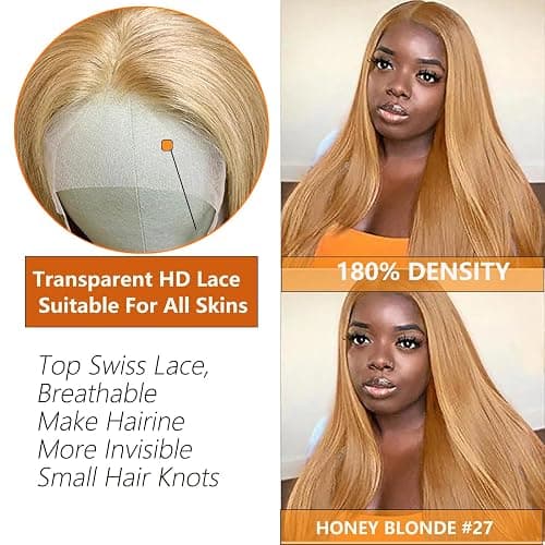 Cypha Honey Blonde Wig Human Hair 13x6 Straight Honey Blonde HD Lace Front Human Hair Wig 180% Density Colored Wigs Human Hair 27# Glueless Lace Frontal Wigs thumbnail 4